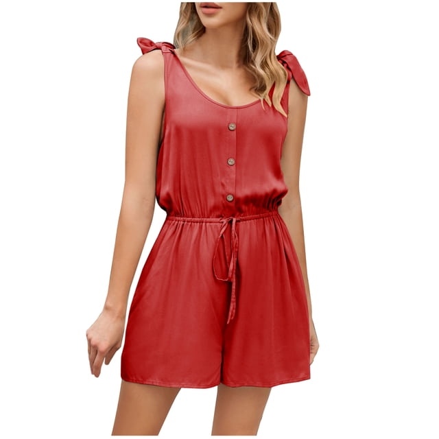Penkiiy Combinaisons pour Femmes Femmes Dames Unies Été Sans Manches Col Rond Poche Amples Courtes Combinaisons Barboteuses Combinaison Rouge TP Combinaisons