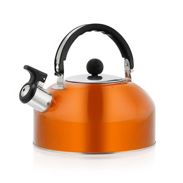 3L Whistling Tea Kettle Flat Bottom Kettle Stainless Tea Steel Kettle N9T5 in a vibrant orange finish. Constructed from durable stainless steel, it features a non-dripping spout, ergonomic black handle, and a whistling mechanism for boiling water. Designed with a flat bottom for stovetop use, this kettle is ideal for brewing tea or coffee. Its 3-liter capacity makes it suitable for serving multiple people, perfect for home or office use.