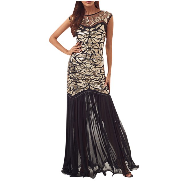 Mrat Evening Dresses Mode Femmes Confortable Décontracté Assemblé Gaze à Paillettes Manches Courtes Col Rond Robe Longueur Cheville Robes d'Été Femmes P-715 Or L