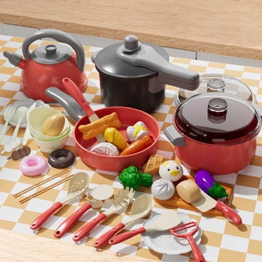 LSLJS Kids Play Kitchen Set 43PCS Pretend Cutting Toy with Realistic Safe Dishes Utensils and Cookware Educational Toy for Toddlers Children