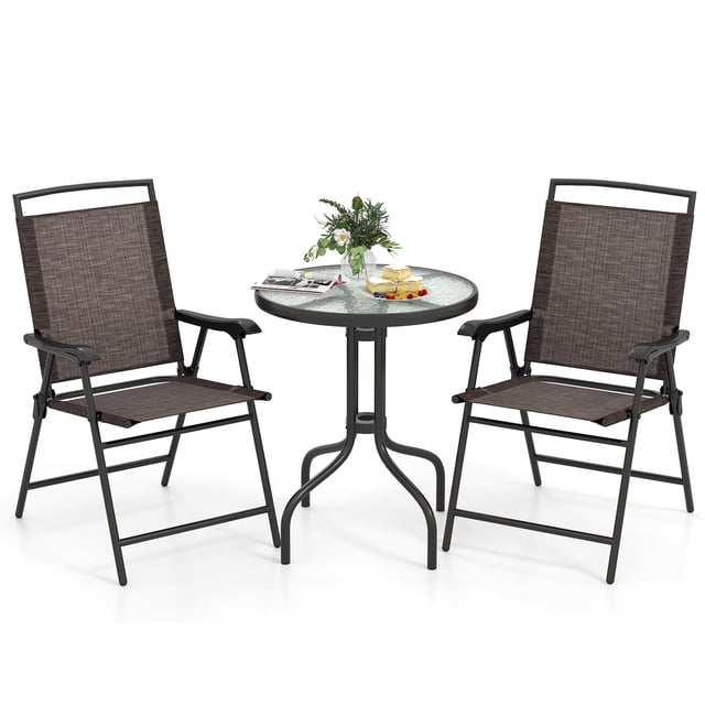 Gymax 3 PCS Outdoor Bistro Dining Furniture Set featuring a round rippled tempered glass table with a 1.57-inch umbrella hole and two folding chairs with brown breathable fabric seats and black metal frames. The set is designed for outdoor use, offering durability, stability, and easy storage. The table measures 24 inches in diameter and 28 inches in height, while each chair unfolds to 22 x 25.5 x 37 inches. Suitable for small patio spaces, the set provides a practical and stylish solution for outdoor dining or relaxation.