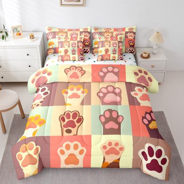 Erosebridal Animal Cats Bedding Queen Size,Kawaii Paw Print Comforter Sets with Sheets,Cartoon Wildlife Bedding Sets Queen Size,Ultra Soft Geometric Room Decor,Reversible,7 Pieces