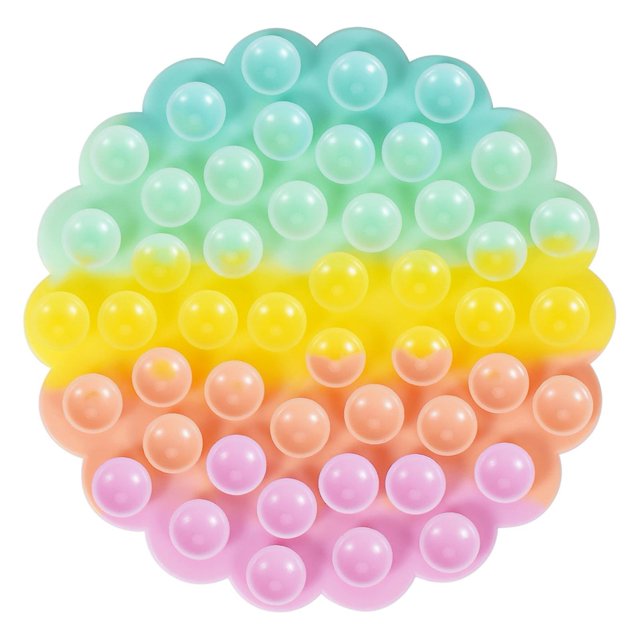 Silicone Suction Cup Toys Fidget Decompression Sensory Finger Stress Toy featuring a circular design with multiple suction cups in a gradient of pastel colors including blue, yellow, orange, and pink. Made of silicone, it is designed for stress relief and can stick to non-porous surfaces or be used as a wall or table-mounted holder for small items like controllers or phones. Measures 9cm by 9cm and weighs 10.9g.