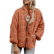 aohooy Womens Quilted Puffer Jackets Causal Lightweight Jacket Stand Collar Long Sleeve Zip Up Winter Warm Coat Padded Outerwear Orange,M