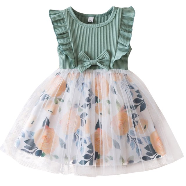Robe d'Été pour Filles, Robe de Princesse en Coton à Manches Courtes avec Imprimé Floral pour Occasions Spéciales