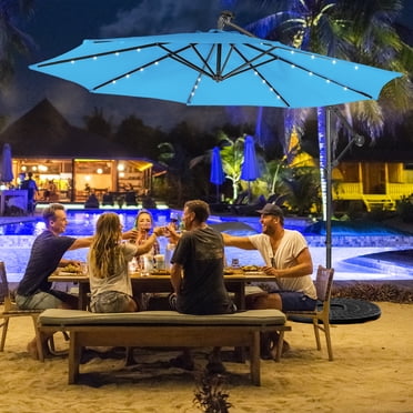 Costway Parasol Déporté de Patio 10 Pieds à Énergie Solaire avec 32 DEL, Extérieur, Bleu