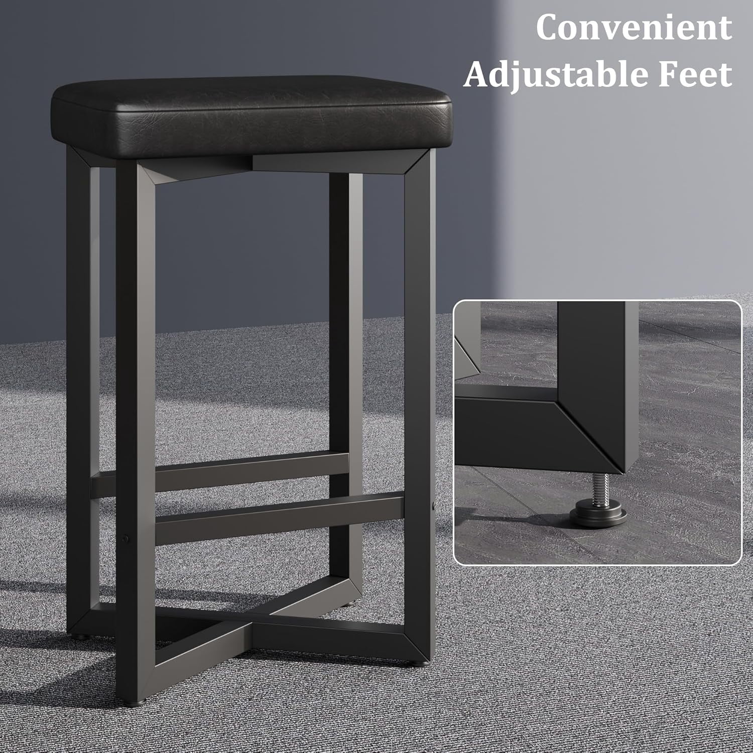EastVita Bar Stools Set of 2,24.6" UpholsteRed Counter Height Bar Stools with Metal Frame & Footrest,Modern Backless Kitchen Barstools with PU Leather for Dining Room,Black