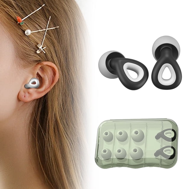 Bouchons d'Oreilles de Sommeil Silencieux en silicone Souple et Réutilisable, Illustrés en Noir avec un design Circulaire. l'Image Affiche les Bouchons d'Oreilles Insérés dans une Oreille, Mettant en Valeur Leur Ajustement Serré, et Comprend un Étui de Rangement transparent Contenant des Embouts de Bouchons d'Oreilles Supplémentaires de Diverses Tailles. Ces Bouchons d'Oreilles Sont Conçus pour la Réduction du Bruit, Convenant au Sommeil, aux Voyages et à la concentration.