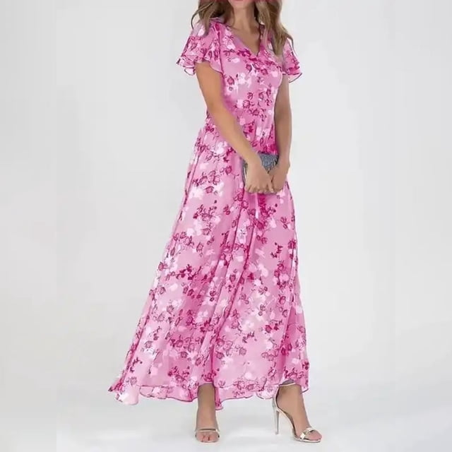 Robe Décontractée Tendance pour Femme Style Évasé Chiffon Floral à Volants Manches Courtes Col en V Taille Fluide Robes à la Mode pour le Quotidien