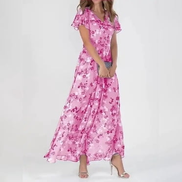 Robe Décontractée Tendance pour Femme Style Évasé Chiffon Floral à Volants Manches Courtes Col en V Taille Fluide Robes à la Mode pour le Quotidien