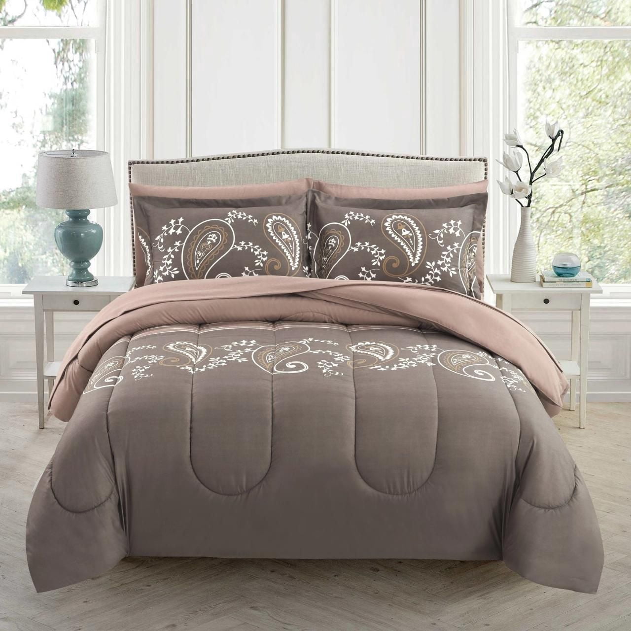 Literie Marina Décoration ultra douce et luxueuse en duvet d'oie, alternative au duvet d'oie, imprimée, avec draps et motif cachemire floral taupe
