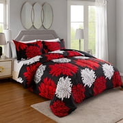 Marina Decoration Home Decor Ultra Soft Luxury Fluffy Goose Down Alternative Bedding Printed Comforter Set, Modern Red White Floral Black Base Pattern