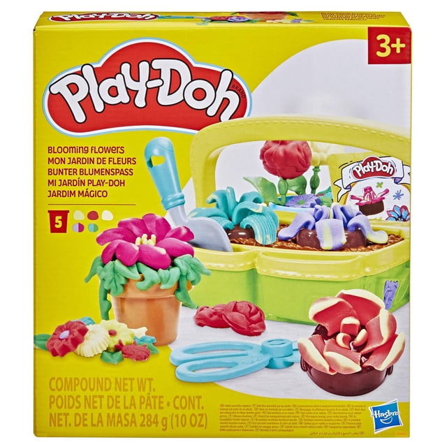 Play-Doh Ensemble de Jouets d'Arts et d'Artisanat Fleurs Épanouies pour Filles et Garçons 3+ Comprenant une Boîte de Jardin Jaune avec 4 Galets de Fleurs, une Truelle Bleue, des Ciseaux et des Fleurs Play-Doh Colorées dans des pots et des vases, Incluant 5 Boîtes de Pâte à Modeler (284 g/10 oz) et 3 Cartes Pratiques, Convient au Jeu Sensoriel Créatif et à l'Arrangement de Fleurs.