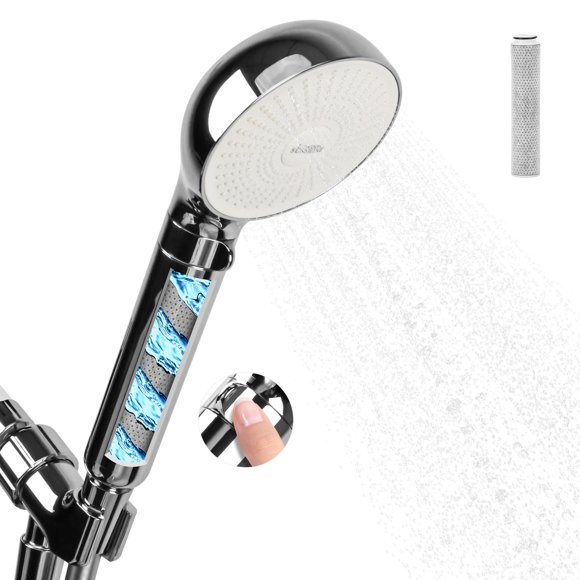 Pommeau de Douche Filtrant avec Trousse Portative - Haute Pression, 3 Modes de Jet et Système de Filtration au Carbone, Comprend un Tuyau (Argent)