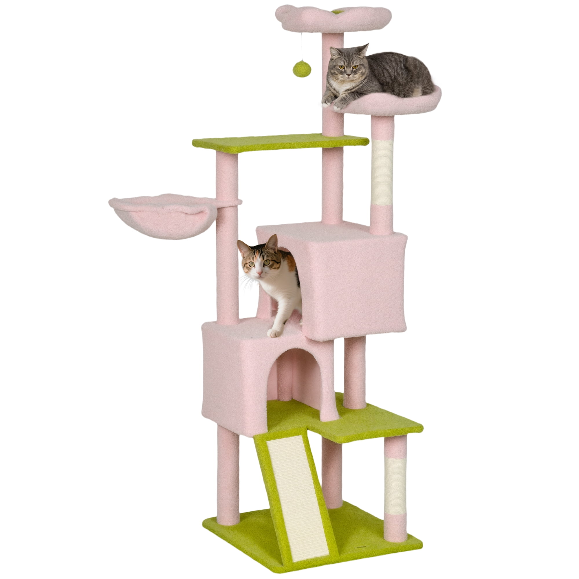 PawHut 62" Flower Cat Tree with 2 Condos, 2 Beds, Hammock, Plush Perch