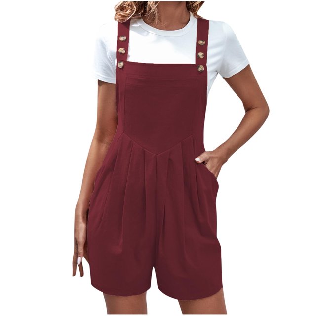 hoksml Women Overalls Solid Color Pocket Button Sleeveless Jumpsuit Pleated Bodysuit Playsuit Summer Rompers 2025 on Clearance