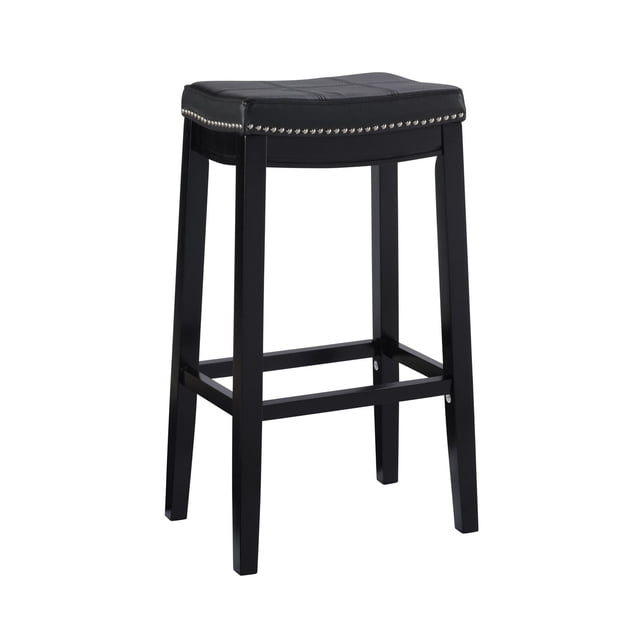 Warren Tabouret de Bar Noir avec Cadre en Bois Noir Robuste et Siège Rembourré en Similicuir Noir avec Garniture de Clous Argentés et Surpiqûres à double Aiguille, design Sans Dossier avec Quatre Rampes pour la Stabilité, Hauteur de Siège de 32,25 Pouces Idéal pour les Comptoirs de 40 à 43 Pouces de Hauteur, Convient Aussi comme Siège Supplémentaire pour les bars à la Maison Ou les tables Montantes.