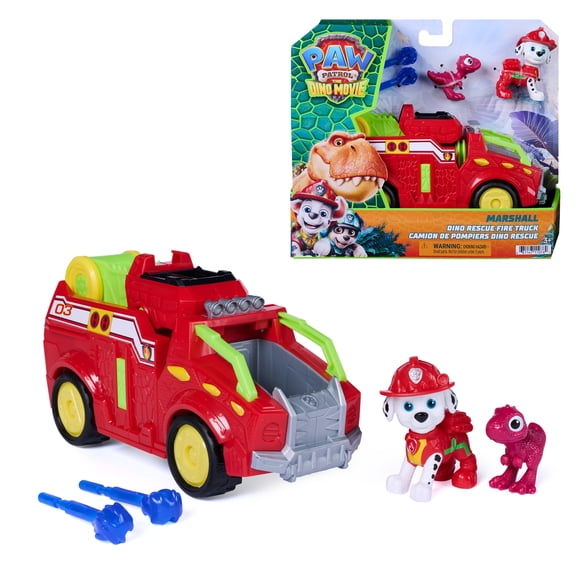 PAW Patrol: The Dino Movie, Marshall Dino Rescue Firetruck avec lance-projectile tournant à 360° et 2 figurines articulées, jouets pour garçons et filles à partir de 3 ans