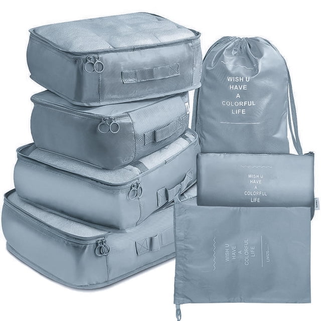 6Pcs Foldable Travel Packing Cubes, Waterproof Storage Organizer Bags Set with Buckle and Mesh Design
