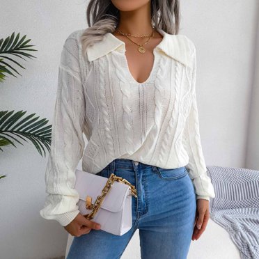 Qertyioot Womens Hiver Tops Mode Femmes Casual Revers Cou Solide à Manches Longues Chandail en Vrac Chemisier