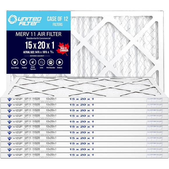 United Filter 15x20x1 MERV 11 Furnace Filters - HVAC Filters for Home & Office - Purify Air, Removes Pollen, Mould, Bacteria & Smoke - Replacement Air Filters Made in Canada (Case of 12)
