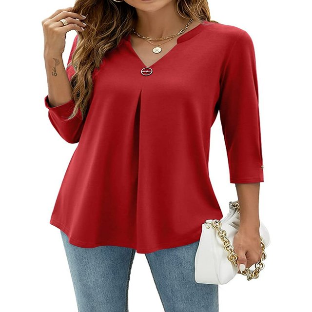 Blouses à Manches 3/4 Col en V pour Femmes Chemise Boutonnée Printemps Ample Décontractée Mode Urbaine