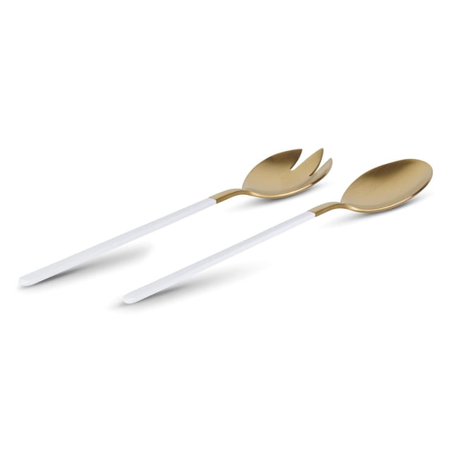 Kimono Stainless Steel 18/10 Salad Server Set with serving fork and spoon featuring white straight handles and gold-toned stainless steel heads, ideal for modern kitchen utensils and salad tools in elegant table settings.