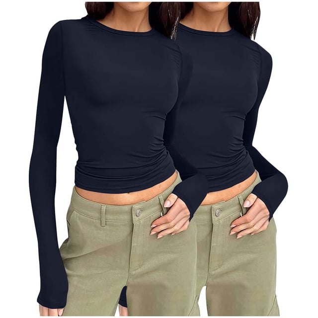Frostluinai 2 Pack Y2K Shirts for Women Long Sleeve Ruched Tops Crew Neck Workout T Shirts Solid Color Slim Fit Blouses Soft Crop Tees