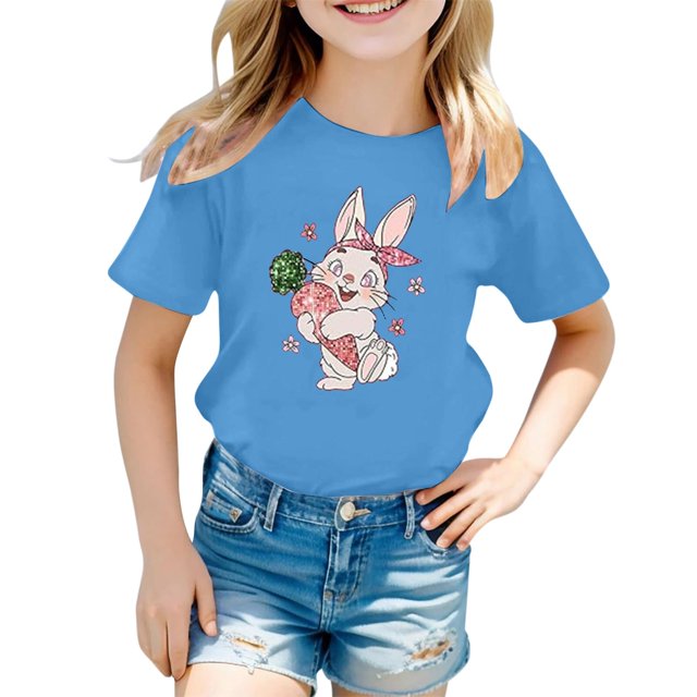 PMVFHDE T-Shirt Fille T-Shirts pour Fille T-Shirts pour Fille T-Shirts pour Fille Graphique Hauts d'Été pour Filles 2025 T-Shirt à Imprimé pour Enfants Col Rond Manches Courtes Bleu, 2-3 Ans
