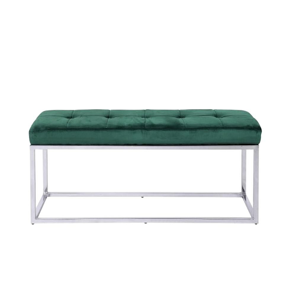 Banc Irene en bleu, banc en velours bleu, banc en acier inoxydable, banc poli, banc en velours, banc capitonné, banc d'entrée