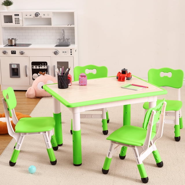 Kids Table and Chairs Set, Height Adjustable Desk With 4 Seats for Ages 2-10,Arts & Crafts Table,Graffiti Desktop, Non-Slip Legs, Max 300lbs, Children Multi-Activity Table for Classrooms,Daycares,Home