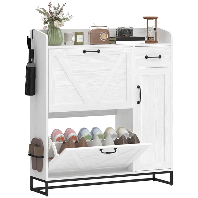 HOMCOM Armoire à Chaussures, Armoire de Rangement pour Chaussures Style Ferme avec Armoire Latérale Blanc