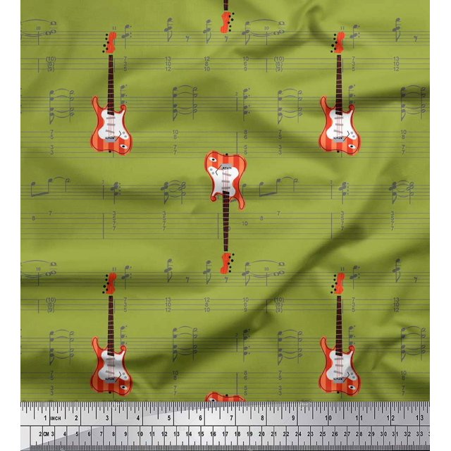 Soimoi Green Heavy Satin Fabric Notes & Guitar Musical Instrument Decor Fabric Printed Yard 54 Inch Wide