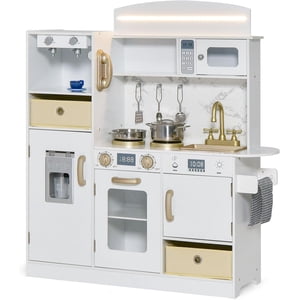 OLAKIDS Kid Kitchen Playset, ensemble de cuisine de pretend bois de tout-petit avec lumière réaliste & Son, Poêle, Évier, Micro-ondes, Armoire de rangement, Jeu de jouets de cuisine pour les enfants Garçons Filles (Vintage avec lumière)