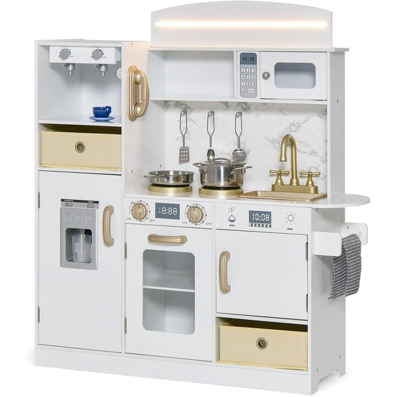 OLAKIDS Ensemble de Cuisine pour Enfant, Ensemble de Cuisine en Bois pour Tout-Petit pour Faire Semblant de Cuisiner avec Lumière et Son Réalistes, Cuisinière, Évier, Micro-Ondes, Armoire de Rangement, Ensemble de Jouets de Cuisine pour Enfants Garçons Filles (Vintage avec Lumière)