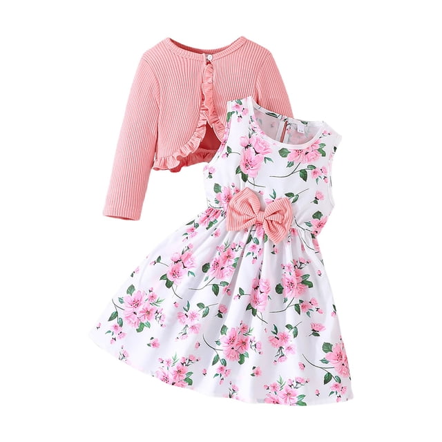 Splozh Toddler Fall Outfit 2PCS Little Toddler Girls Dress with Cardigan Floral Dresses Ruffle Sweaters Spring Fall Clothes Pink,3-4 Years
