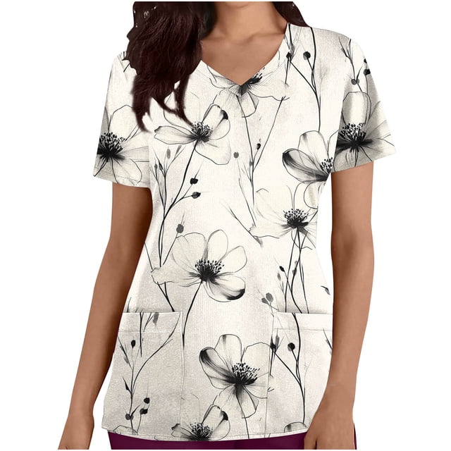 Pisexur Womens Scrub Tops Boasting Colorful Floral Prints Along With Short Sleeve Scrub Tops Suitable for Nursing Uniforms With Convenient Pockets