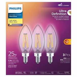 Philips LED Ultra Definition 25W Chandelier (B11) Candelabra Base (E12) Soft White WarmGlow Glass Clear 3-Pack