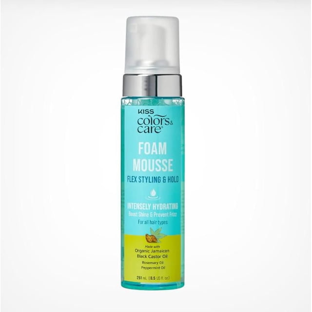 KISS Colors & Care Flex Styling & Hold Moisture Boosting Foam Mousse in a 251 ml (8.5 oz) turquoise bottle with a clear pump dispenser, formulated to define curls, provide flexible hold, and hydrate hair using organic Jamaican black castor oil, rosemary oil, peppermint oil, and biotin for scalp health.