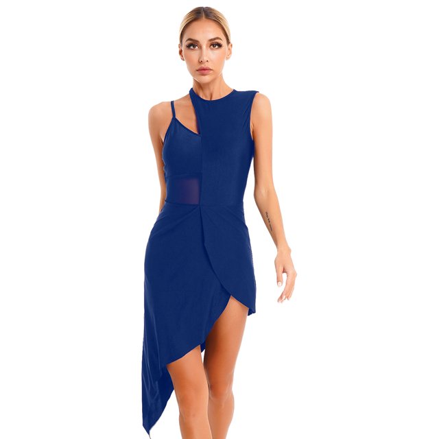 Aislor Robe de Danse Latine Salsa de Salle pour Femmes, Robe à Ourlet Asymétrique en Patchwork de Maille Transparente, Tenue de Danse, Bleu Marine, M