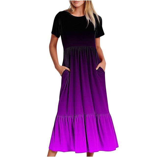 Penkiiy Robe à Manches Courtes pour Femmes à Imprimé Dégradé, Ample, Unie, Décontractée, d'Été, Fluide, à Étages, Longue Maxi avec Poches, m Violet