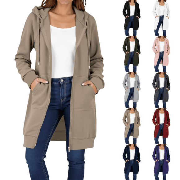 Frostluinai Long Hoodies for Women Zip Up Double Zipper Fleece Jacket Tunic Sweatshirts Fall Winter Fashion Clothes with Pockets