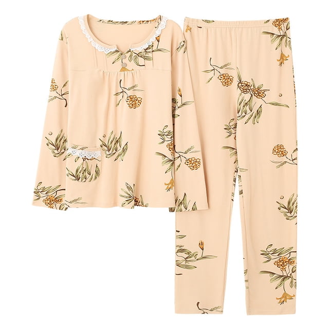 REDHOTYPE Pyjama Fantaisie à Fleurs pour Femme, Printemps Automne, Maman, Manches Longues, Coton, Col Rond, Automne pour Femme, Grande Taille, Tenue d'Intérieur