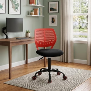 Homy Casa Kids Desk Chair, Adjustable Armless Swivel Study Chair with Wheels, Red and Black