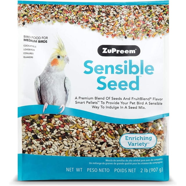 Zupreem Sensible Seed Bird Food For Medium Birds 2 lb (907 g) bag showing a multicolour blend of seeds and FruitBlend Flavor Smart Pellets designed for medium birds like cockatiels, lovebirds, conures, and quakers, offering a balanced seed mix to reduce waste and support bird health.