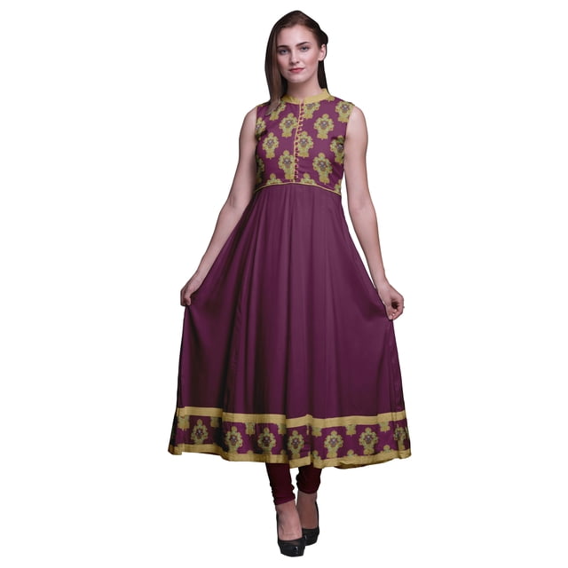 Bimba Robe Anarkali en Damas Magenta Foncé à Col Mandarin Sans Manches Kurtis pour Femmes Robe Maxi à Imprimé XXX-Large