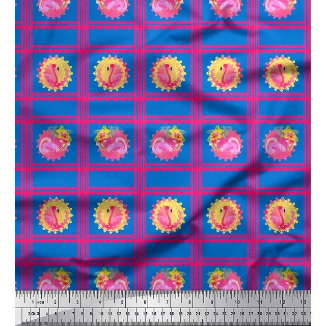 Soimoi Blue Poly Georgette Fabric Geometric & Flamingo Bird Print Fabric by the Yard 52 Inch Wide