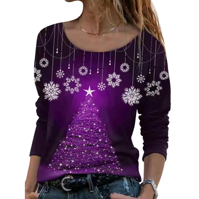LUXUR T-shirt de Noël pour Femmes Col Rond Manches Longues T-shirt Ample Imprimé Flocon de Neige Tunique Blouse Violet 3TG