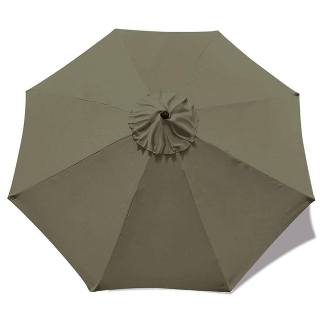 LIVINGbasics Patio Umbrella Cover Replacement Top Canopy for 9ft 8 Ribs in tan color. Made from durable 100% polyester fabric, this universal replacement canopy fits most standard 9ft patio umbrellas with 8 ribs measuring 52 to 54 inches each. Features a vented design for airflow and water resistance, suitable for wooden, aluminum, metal, or fiberglass frames.