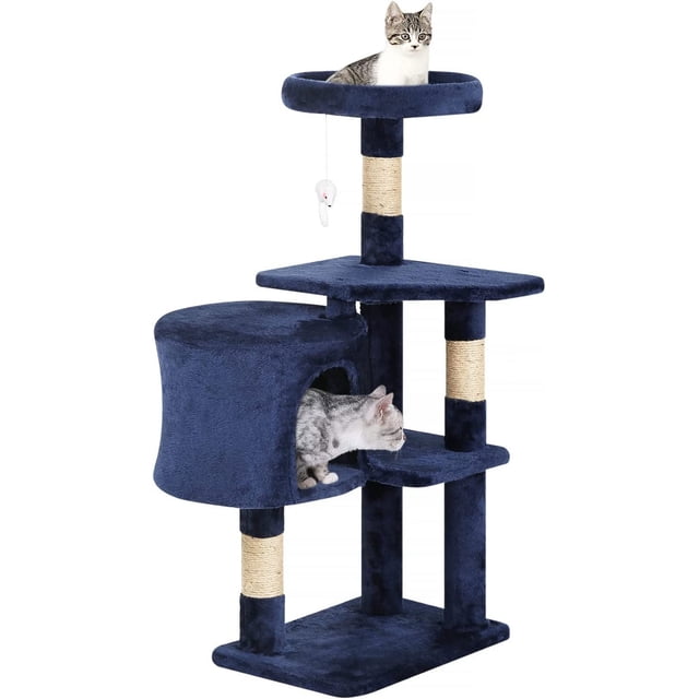 FDW BestPet Cat Tree 36 Inch Tall Scratching Toy Activity Centre Cat Tower Condo Multi-Level Furniture Scratching Posts for Indoor Cats in navy blue. The multi-level structure features a cozy enclosed condo, multiple platforms, sisal-wrapped scratching posts, and a dangling toy mouse. Two cats are shown using the tree, one on the top perch and another inside the condo.